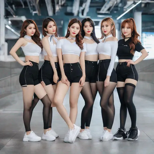 Prompt: group of 7 or 4, kpop group, multiple women,  intelligent, woman, chinese, japanese, korean, portrait, Korean woman, ulzzang, stockings, big chest, slim thick, dolphin pants, braline, , gravure, uhd, realistic, 4k, 8k, full body, photoshoot, tight shorts, tight pants, crop top, risky, bold, big rump, rear ended, autism, fixed faces