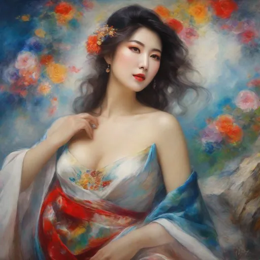 Prompt: My prompt> Masterpiece, japanese woman, big chest, f cup, uhd, realistic, 4k, 8k, photoshoot, extremely high definition, perfection, Marc Chagall type painting, scenic, portrait, insanity, breathtaking, iridescent, complex, impressive, remarkable, glorious, grandiose, sumptuous, luxurious, 