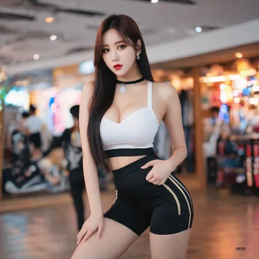 Prompt: G Idle, ulzzang, stockings, big chest, slim thick, dolphin pants, braline, , gravure, uhd, realistic, 4k, 8k, full body, photoshoot, tight shorts, tight pants, crop top, risky, bold, big rump, rear ended, autism, leggings,  