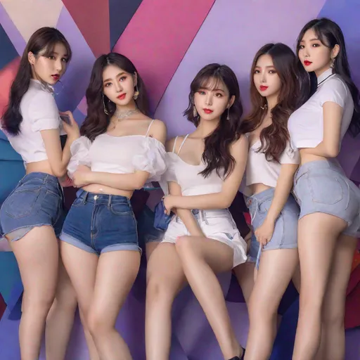 Prompt: group of 7 or 4, kpop group, multiple women,  intelligent, woman, chinese, japanese, korean, portrait, Korean woman, ulzzang, stockings, big chest, slim thick, dolphin pants, braline, , gravure, uhd, realistic, 4k, 8k, full body, photoshoot, tight shorts, tight pants, crop top, risky, bold, big rump, rear ended, autism, 