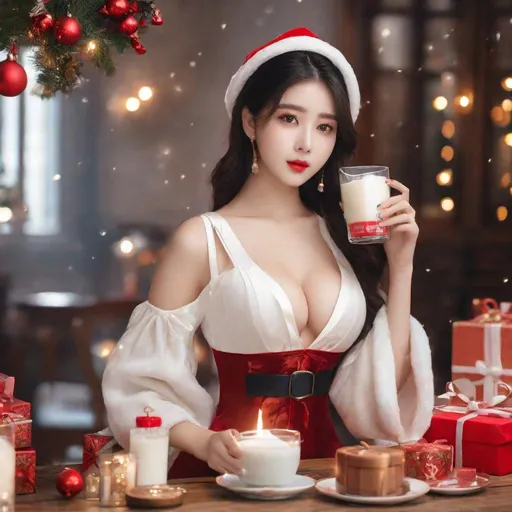 Prompt: Masterpiece, eunha,  ulzzang, slim thick, big chest, soft visuals, uhd, realistic, 4k, 8k,  photoshoot, extremely high definition, perfection, leonardo da vinci type painting, christmas outfit, milk, full body, spilled milk on chest
