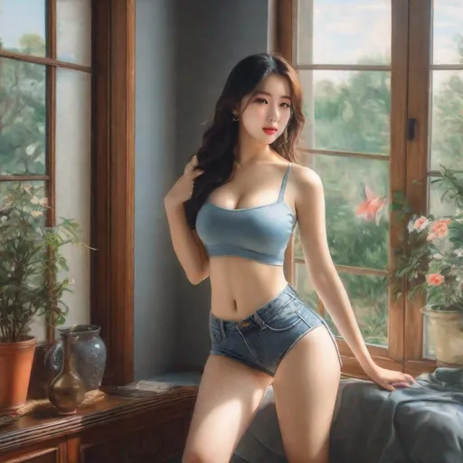 Prompt: Jean-François Millet painting, portrait, Korean woman, ulzzang, stockings, big chest, slim thick, braline, , gravure, uhd, realistic, 4k, 8k, full body, photoshoot, tight shorts, tight pants, crop top, 
