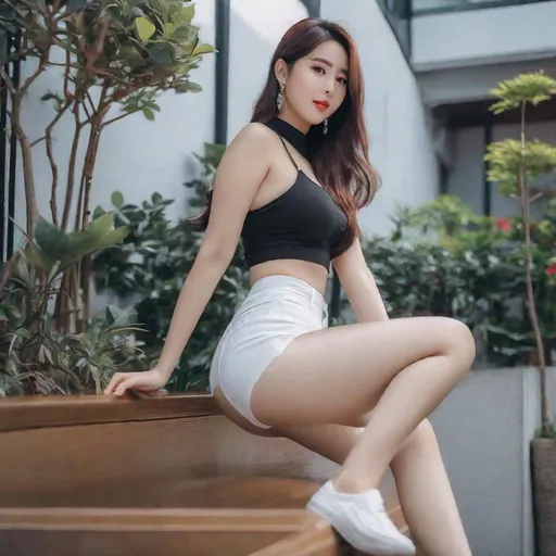 Prompt:  intelligent woman, chinese, japanese, korean, portrait, Korean woman, ulzzang, stockings, big chest, slim thick, dolphin pants, braline, , gravure, uhd, realistic, 4k, 8k, full body, photoshoot, tight shorts, tight pants, crop top, risky, bold, big rump, rear ended, autism, 