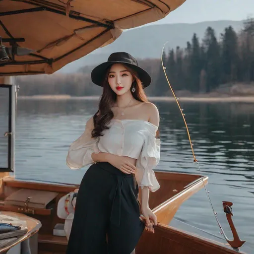 Prompt: Masterpiece, winter from aespa, ulzzang, slim thick, big chest, soft visuals, uhd, realistic, 4k, 8k,  photoshoot, extremely high definition, perfection, fisher woman, woman on boat fishing, got a big catch