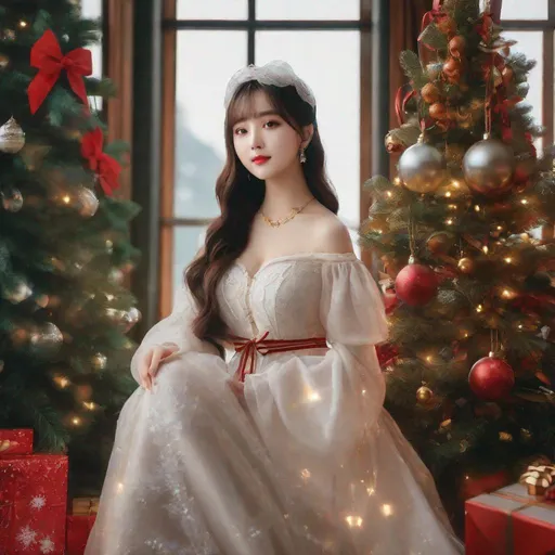 Prompt: Masterpiece, eunha,  ulzzang, slim thick, uhd, realistic, 4k, 8k,  photoshoot, extremely high definition, perfection, leonardo da vinci type painting, christmas outfit
