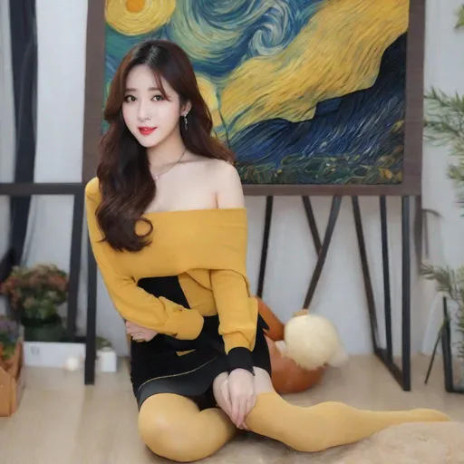 Prompt: eunha, stockings,  slim thick,  gravure, uhd, realistic, 4k, 8k,  photoshoot, van gogh type painting,