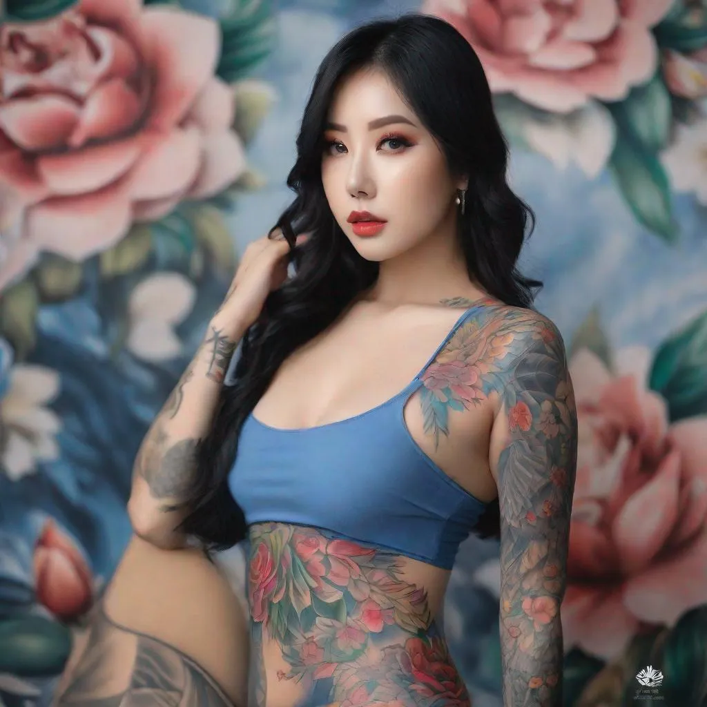 Prompt: eunha,  slim thick, uhd, realistic, 4k, 8k,  photoshoot, body painting, full body tattoos, tattooed woman, extremely detailed tattoos, painted on gracilis 