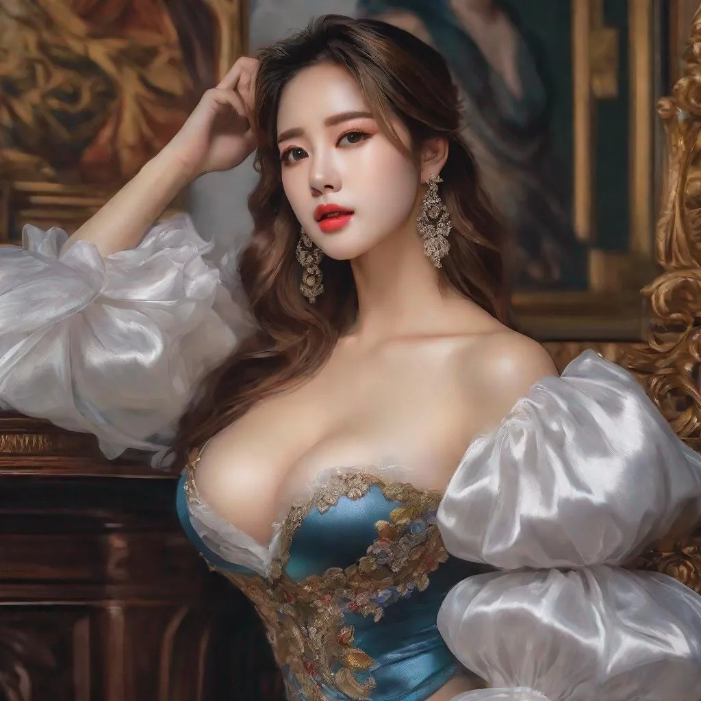 Prompt: My prompt> Masterpiece, realistic kpop idol, beautiful woman, big chest, f cup, uhd, realistic, 4k, 8k, photoshoot, extremely high definition, perfection, Diego Velázquez type painting, scenic, portrait, insanity, breathtaking, iridescent, complex, impressive, remarkable, glorious, grandiose, sumptuous, luxurious, 