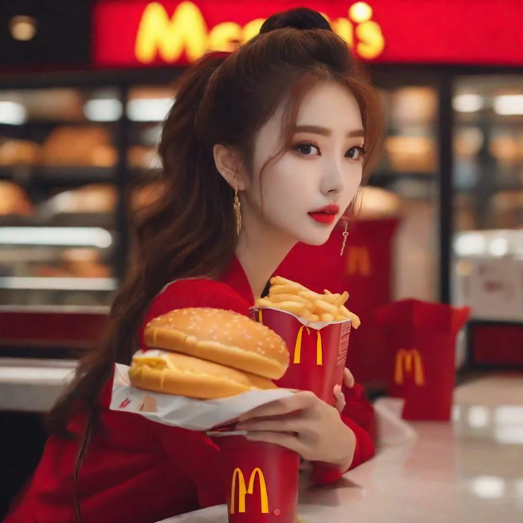 Prompt: Masterpiece, ulzzang,  ulzzang, slim thick, big chest, soft visuals, uhd, realistic, 4k, 8k,  photoshoot, extremely high definition, perfection, leonardo da vinci type painting, mcdonalds, mcdonalds ad, pretty woman at mcdonald's