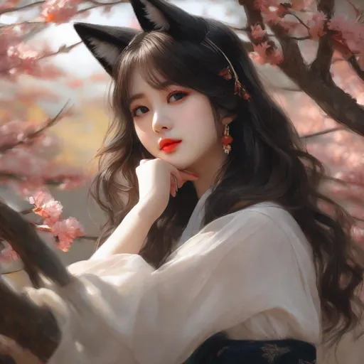 Prompt: Masterpiece, eunha,  ulzzang, slim thick, uhd, realistic, 4k, 8k,  photoshoot, fox girl, extremely high definition, perfection, ean-François Millet type painting
