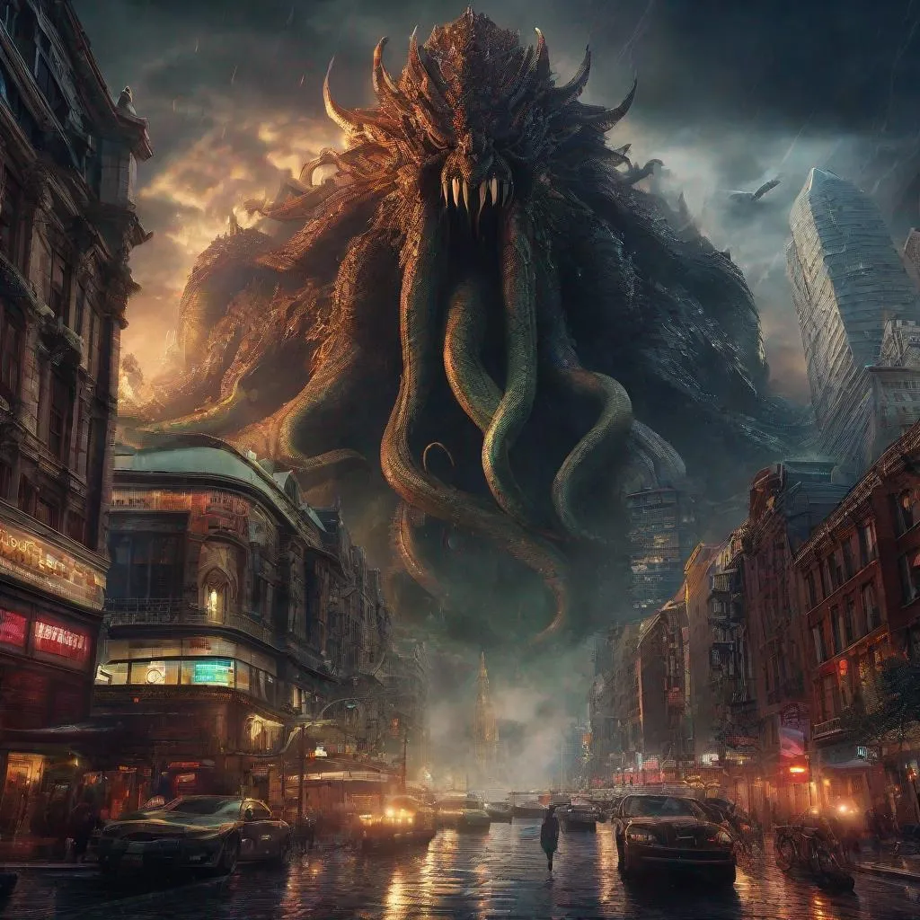 Prompt: HORRIFYING, deadly, dangerous, insanity,  new york city, seoul, tokyo, los angeles, beijing, amsterdam, london, paris, berlin, stockholme, boston, madrid, seattle, Cthulhu, rome, venice, city under attack, giant monster, city being destroyed, monsters,
cosmic horror, eldritch horror,   realistic, uhd, 4k, 8k, autism, 