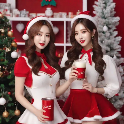 Prompt: Masterpiece, eunha, yeonhee, chaewon, Irene from Red Velvet, Taeyeon, ulzzang, slim thick, big chest, soft visuals, uhd, realistic, 4k, 8k,  photoshoot, extremely high definition, perfection, christmas outfits, drinking milk