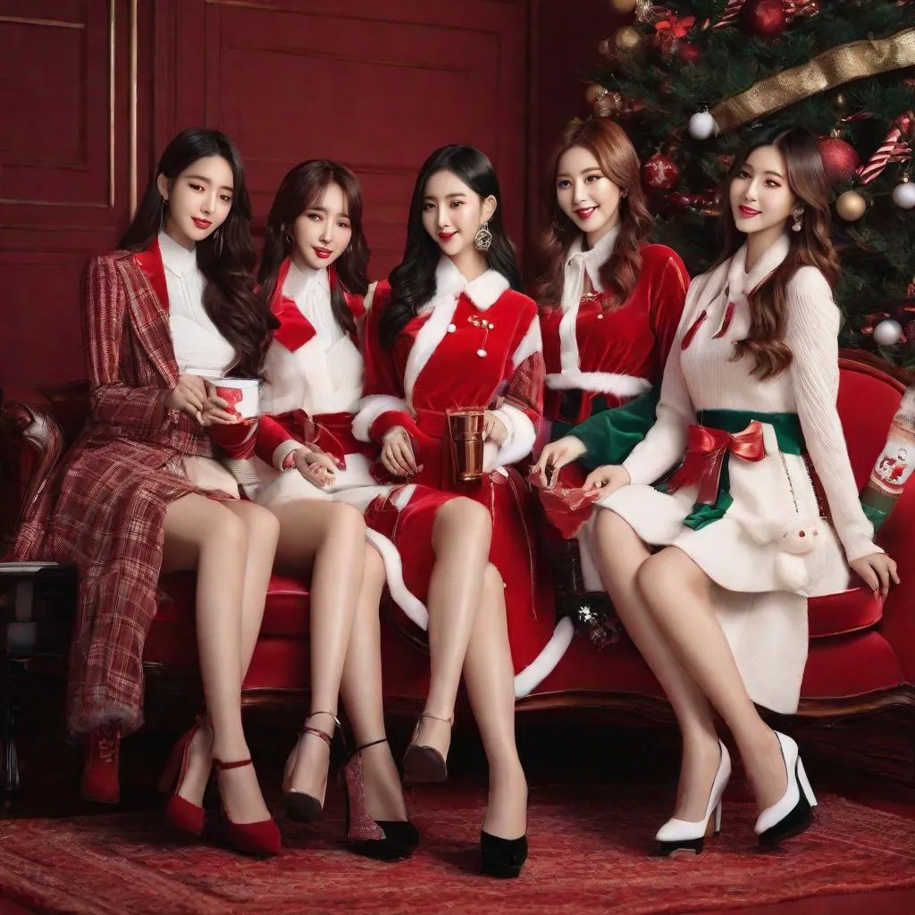 Prompt: Masterpiece, eunha, yeonhee, chaewon, Irene from Red Velvet, Taeyeon, ulzzang, slim thick, big chest, soft visuals, uhd, realistic, 4k, 8k,  photoshoot, extremely high definition, perfection, christmas outfits, drinking milk