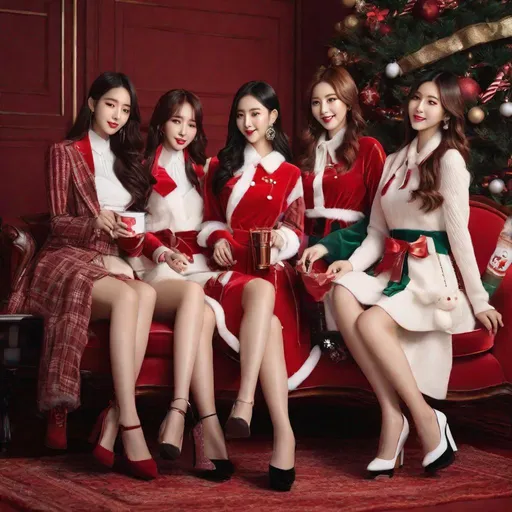 Prompt: Masterpiece, eunha, yeonhee, chaewon, Irene from Red Velvet, Taeyeon, ulzzang, slim thick, big chest, soft visuals, uhd, realistic, 4k, 8k,  photoshoot, extremely high definition, perfection, christmas outfits, drinking milk