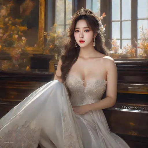 Prompt: My prompt> Masterpiece, realistic kpop idol, beautiful woman, big chest, f cup, uhd, realistic, 4k, 8k, photoshoot, extremely high definition, perfection, Francisco Goya type painting, scenic, portrait, insanity, breathtaking, iridescent, complex, impressive, remarkable, glorious, grandiose, sumptuous, luxurious, 