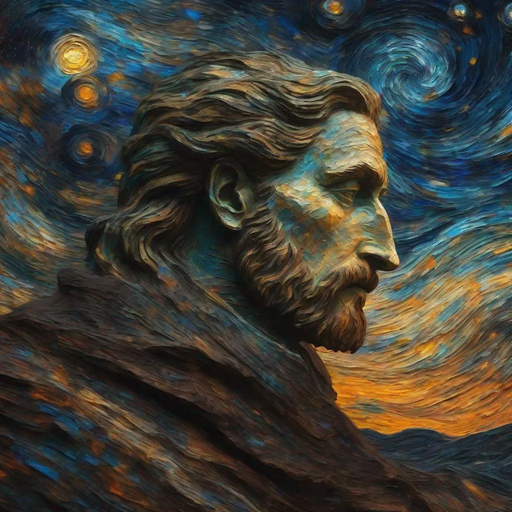 Prompt: cosmic horror, dark souls, van Gogh type painting,Michelangelo type sculpture,  impressionism, naturalism, surrealism, scenic, portrait, realistic, uhd, 4k, 8k, autism,