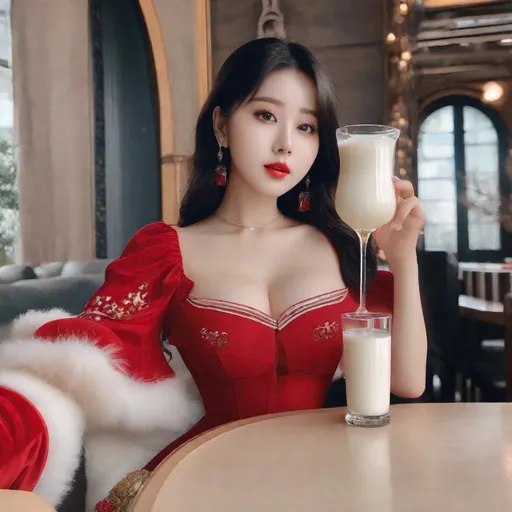 Prompt: Masterpiece, eunha,  ulzzang, slim thick, big chest, soft visuals, uhd, realistic, 4k, 8k,  photoshoot, extremely high definition, perfection, leonardo da vinci type painting, christmas outfit, milk, glass of milk
