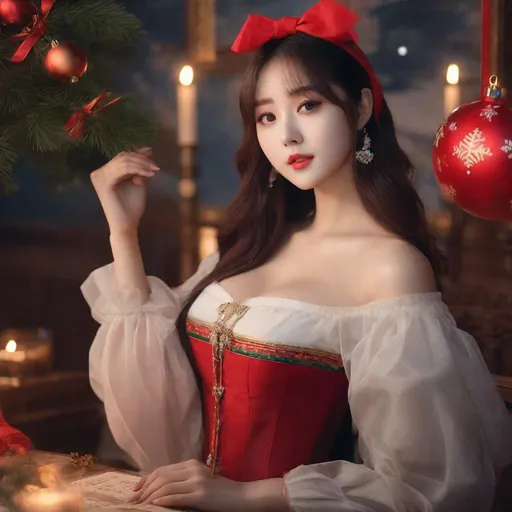 Prompt: Masterpiece, eunha,  ulzzang, slim thick, big chest, soft visuals, uhd, realistic, 4k, 8k,  photoshoot, extremely high definition, perfection, leonardo da vinci type painting, christmas outfit
