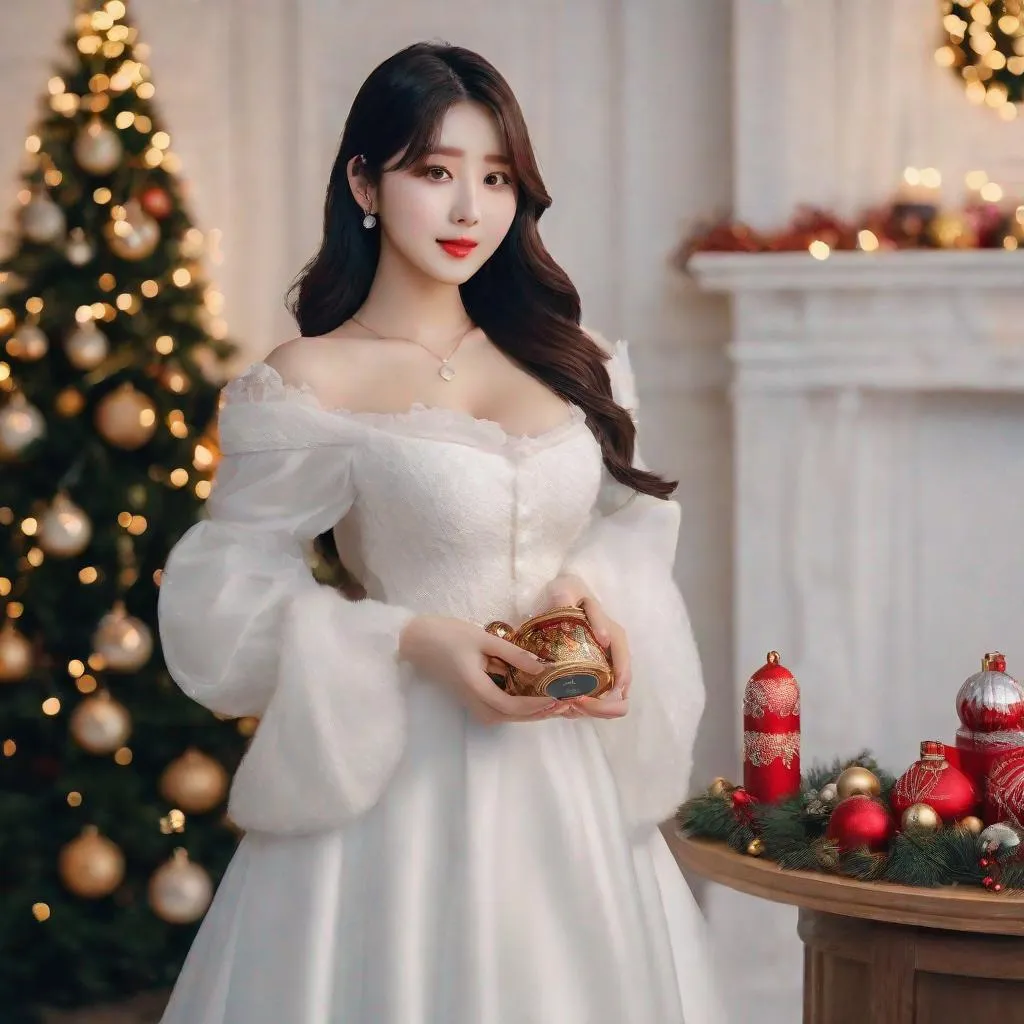 Prompt: Masterpiece, eunha,  ulzzang, slim thick, big chest, soft visuals, uhd, realistic, 4k, 8k,  photoshoot, extremely high definition, perfection, leonardo da vinci type painting, christmas outfit, milk, full body, 
