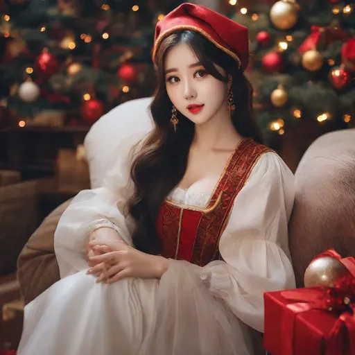 Prompt: Masterpiece, eunha,  ulzzang, slim thick, uhd, realistic, 4k, 8k,  photoshoot, extremely high definition, perfection, leonardo da vinci type painting, christmas outfit
