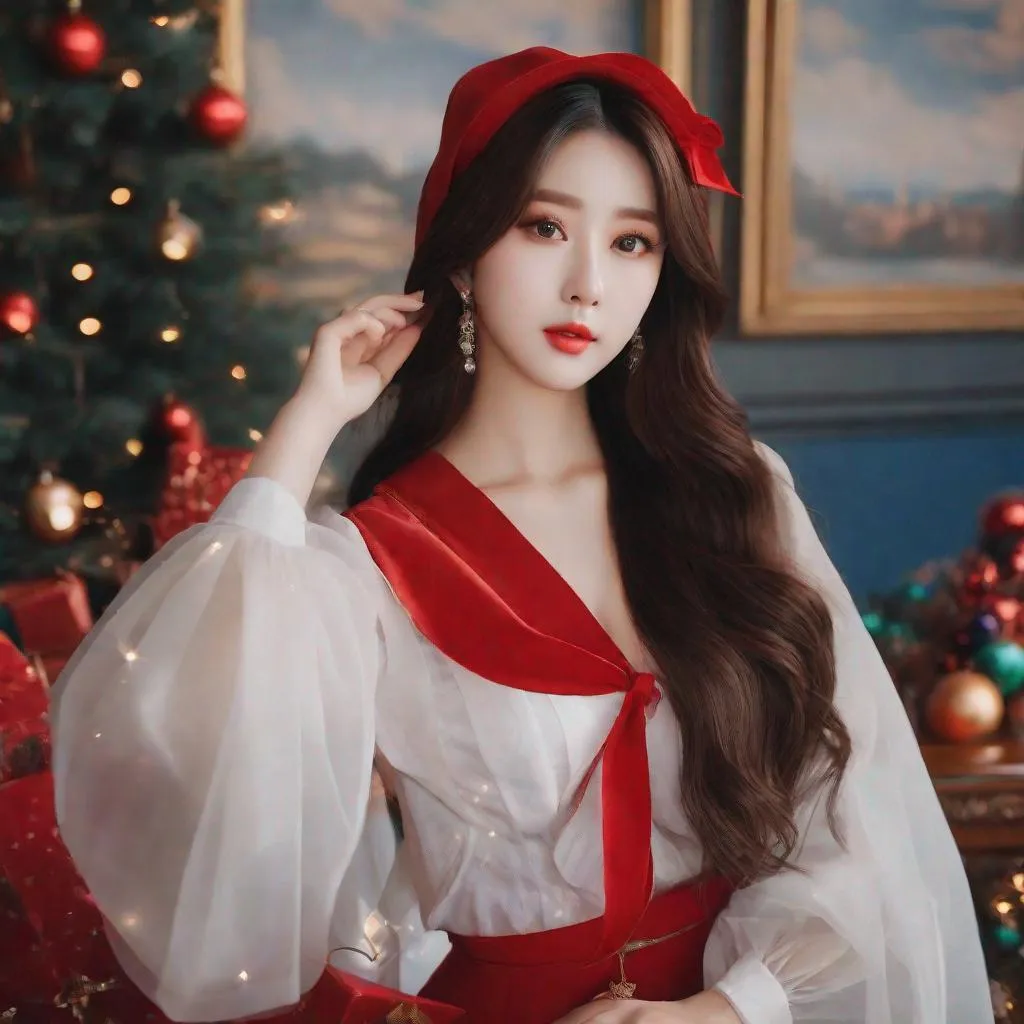 Prompt: Masterpiece, eunha,  ulzzang, slim thick, big chest, soft visuals, uhd, realistic, 4k, 8k,  photoshoot, extremely high definition, perfection, leonardo da vinci type painting, christmas outfit
