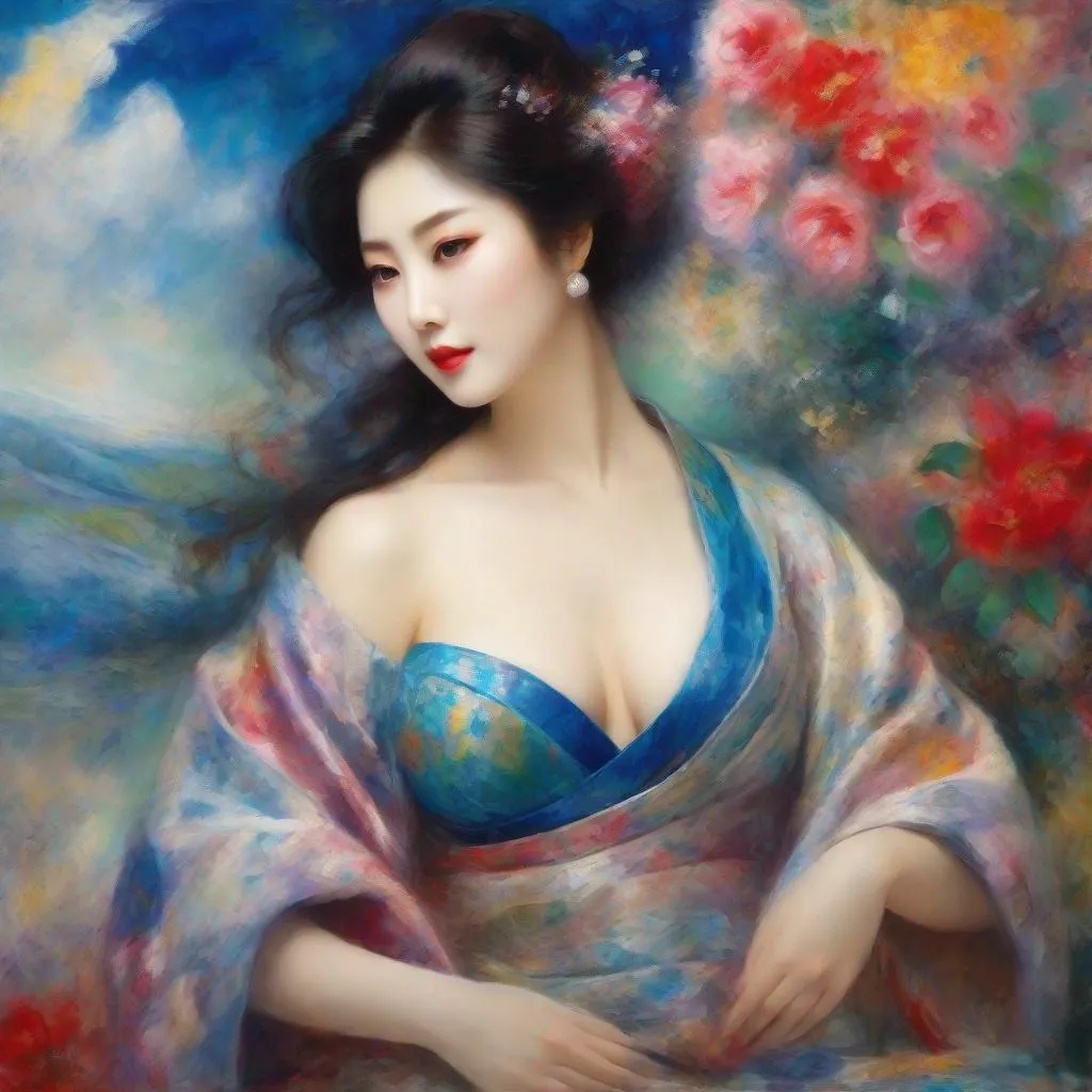 Prompt: My prompt> Masterpiece, japanese woman, big chest, f cup, uhd, realistic, 4k, 8k, photoshoot, extremely high definition, perfection, Marc Chagall type painting, scenic, portrait, insanity, breathtaking, iridescent, complex, impressive, remarkable, glorious, grandiose, sumptuous, luxurious, 