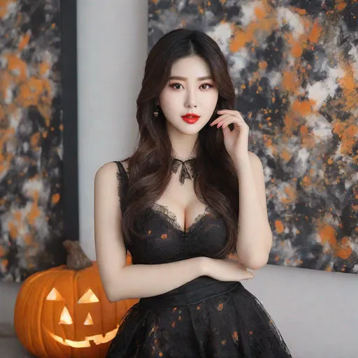 Prompt: Jackson Pollock painting, portrait, Hyewon, stockings, big chest, slim thick, braline, , gravure, uhd, realistic, 4k, 8k, full body, photoshoot,, halloween outfit, f cup,