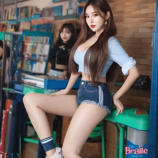 Prompt: G Idle, ulzzang, stockings, big chest, slim thick, dolphin pants, braline, , gravure, uhd, realistic, 4k, 8k, full body, photoshoot, tight shorts, tight pants, crop top, risky, bold, big rump, rear ended, autism, leggings,  