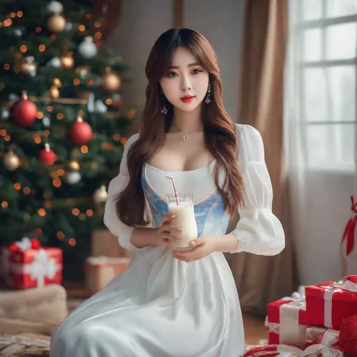 Prompt: Masterpiece, eunha,  ulzzang, slim thick, big chest, soft visuals, uhd, realistic, 4k, 8k,  photoshoot, extremely high definition, perfection, leonardo da vinci type painting, christmas outfit, milk, full body, spilled milk on chest
