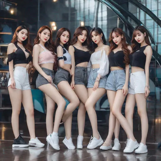 Prompt: group of 7 or 4, kpop group, multiple women,  intelligent, woman, chinese, japanese, korean, portrait, Korean woman, girl crush, ulzzang, stockings, big chest, slim thick, dolphin pants, braline, , gravure, uhd, realistic, 4k, 8k, full body, photoshoot, tight shorts, tight pants, crop top, risky, bold, big rump, rear ended, autism, leggings,  mcdonalds, thick, curvy, mcdonald's merch