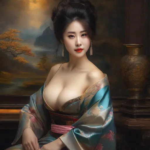 Prompt: My prompt> Masterpiece, japanese woman, big chest, f cup, uhd, realistic, 4k, 8k, photoshoot, extremely high definition, perfection, Rembrandt type painting, scenic, portrait, insanity, breathtaking, iridescent, complex, impressive, remarkable, glorious, grandiose, sumptuous, luxurious, 