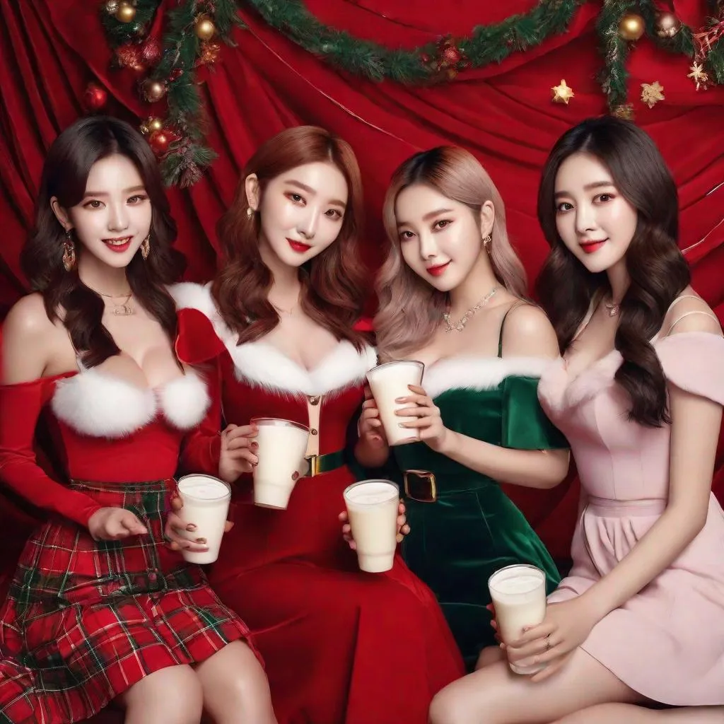 Prompt: Masterpiece, eunha, yeonhee, chaewon, Irene from Red Velvet, Taeyeon, ulzzang, slim thick, big chest, soft visuals, uhd, realistic, 4k, 8k,  photoshoot, extremely high definition, perfection, christmas outfits, drinking milk