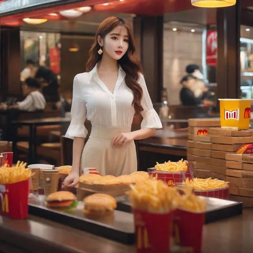 Prompt: Masterpiece, ulzzang,  ulzzang, slim thick, big chest, soft visuals, uhd, realistic, 4k, 8k,  photoshoot, extremely high definition, perfection, leonardo da vinci type painting, mcdonalds, mcdonalds ad, pretty woman at mcdonald's