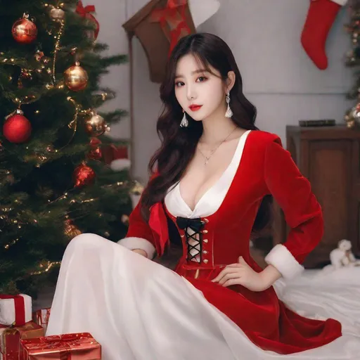 Prompt: Masterpiece, eunha,  ulzzang, slim thick, big chest, soft visuals, uhd, realistic, 4k, 8k,  photoshoot, extremely high definition, perfection, leonardo da vinci type painting, christmas outfit, milk, full body, 

