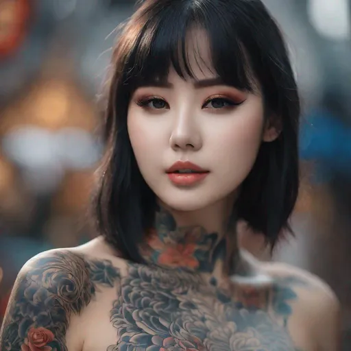 Prompt: eunha,  slim thick, uhd, realistic, 4k, 8k,  photoshoot, body painting, full body tattoos, tattooed woman, extremely detailed tattoos, painted on gracilis 