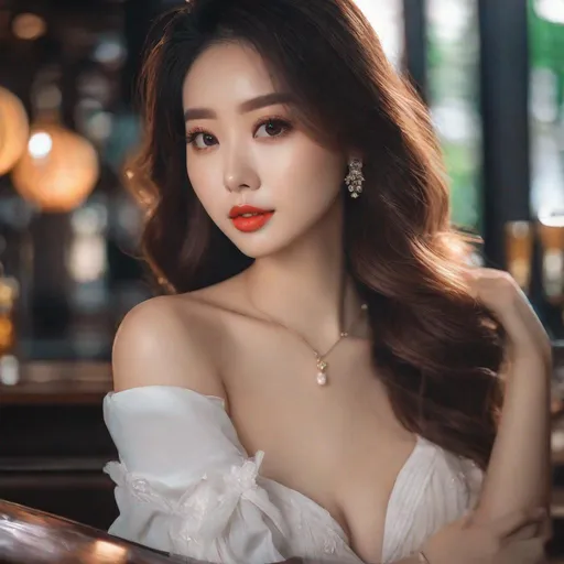 Prompt: Masterpiece, vietnamese girl,  ulzzang, slim thick, big chest, soft visuals, uhd, realistic, 4k, 8k,  photoshoot, extremely high definition, perfection, bar tender, beautiful eyes
