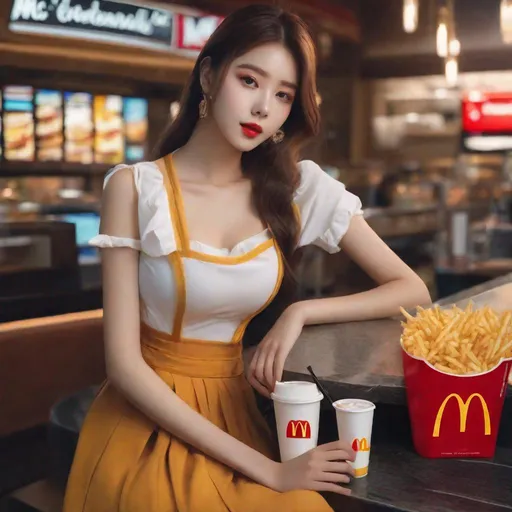 Prompt: Masterpiece, ulzzang,  ulzzang, slim thick, big chest, soft visuals, uhd, realistic, 4k, 8k,  photoshoot, extremely high definition, perfection, leonardo da vinci type painting, mcdonalds, mcdonalds ad, pretty woman at mcdonald's