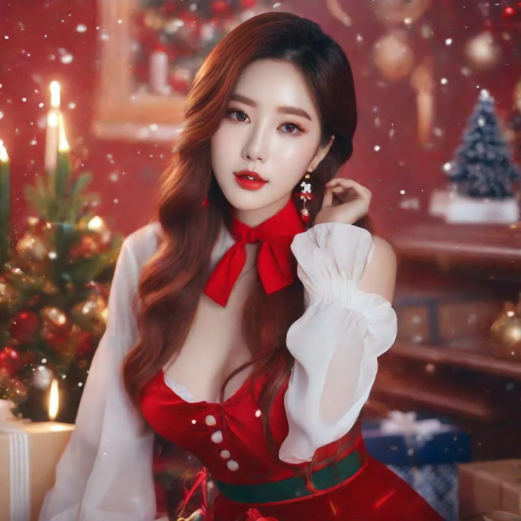 Prompt: Masterpiece, Irene from red velvet,  ulzzang, slim thick, big chest, soft visuals, uhd, realistic, 4k, 8k,  photoshoot, extremely high definition, perfection, leonardo da vinci type painting, christmas outfit, milk, full body, 
