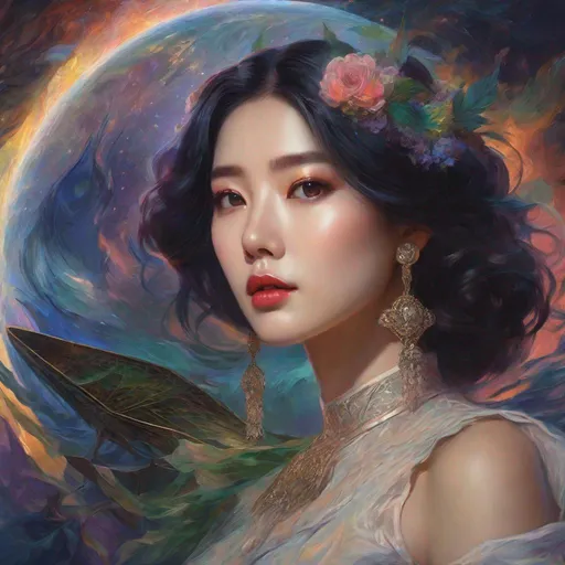 Prompt: cosmic horror, eldritch horror, HP Lovecraft, kpop, beautiful woman,  korean queen, latina queen, kpop idol,  impressionism, naturalism, surrealism, portrait, realistic, uhd, 4k, 8k, autism,