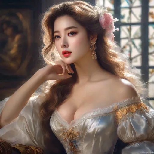 Prompt: My prompt> Masterpiece, realistic kpop idol, beautiful woman, big chest, f cup, uhd, realistic, 4k, 8k, photoshoot, extremely high definition, perfection, Élisabeth Vigée Le Brun type painting, scenic, portrait, insanity, breathtaking, iridescent, complex, impressive, remarkable, glorious, grandiose, sumptuous, luxurious, 