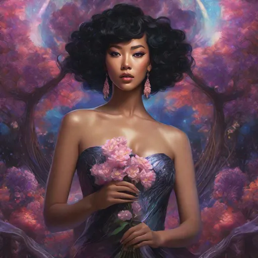 Prompt: cosmic horror, eldritch horror, HP Lovecraft, kpop, beautiful woman, black queen, korean queen, latina queen, kpop idol,  impressionism, naturalism, surrealism, portrait, realistic, uhd, 4k, 8k, autism,