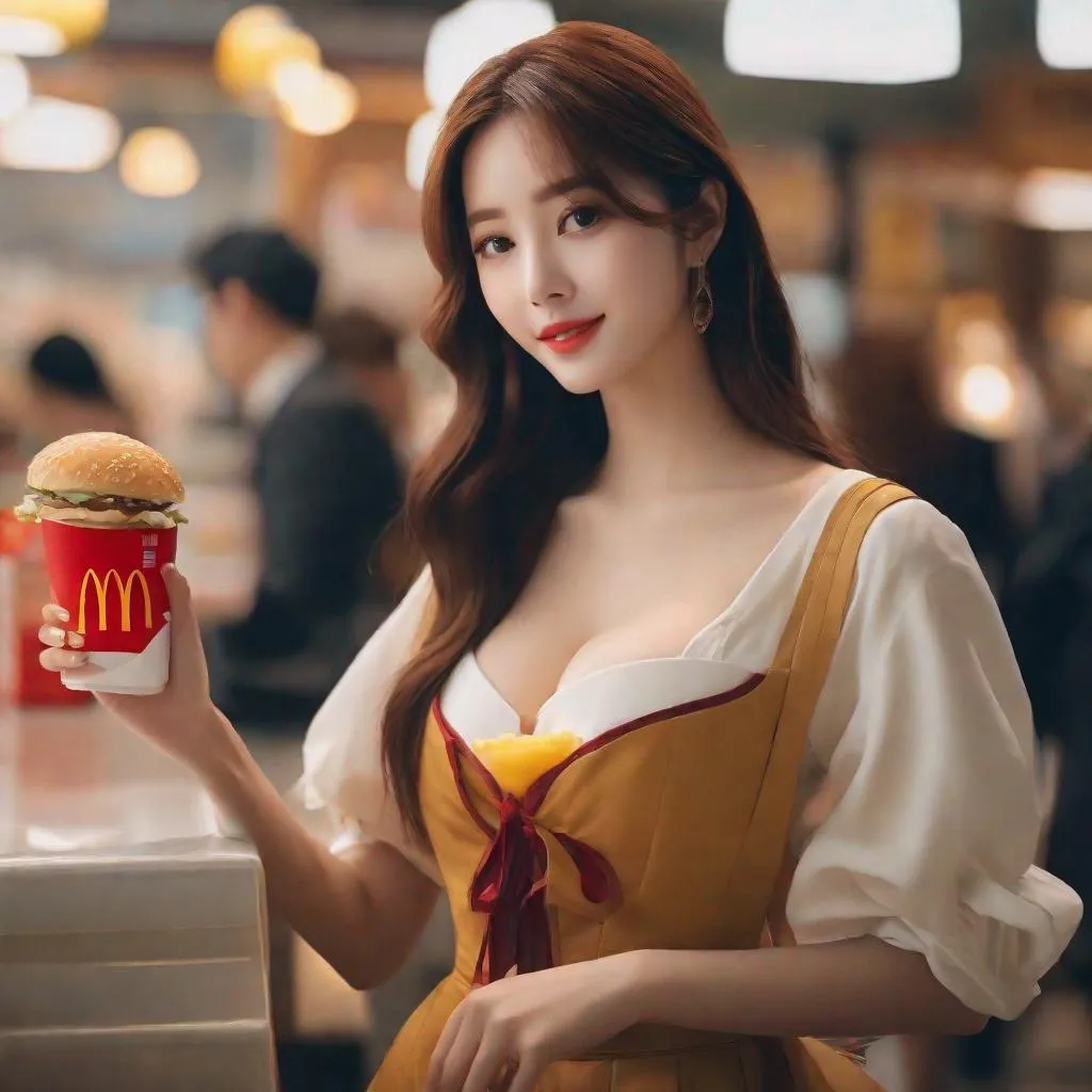 Prompt: Masterpiece, ulzzang,  ulzzang, slim thick, big chest, soft visuals, uhd, realistic, 4k, 8k,  photoshoot, extremely high definition, perfection, leonardo da vinci type painting, mcdonalds, mcdonalds ad, pretty woman at mcdonald's