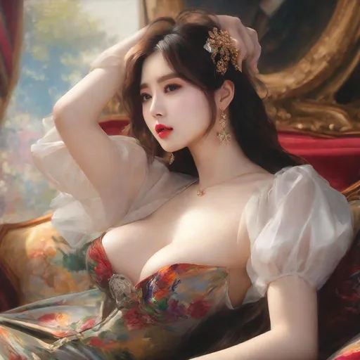 Prompt: My prompt> Masterpiece, realistic kpop idol, beautiful woman, big chest, f cup, uhd, realistic, 4k, 8k, photoshoot, extremely high definition, perfection, Édouard Manet type painting, scenic, portrait, insanity, breathtaking, iridescent, complex, impressive, remarkable, glorious, grandiose, sumptuous, luxurious, 