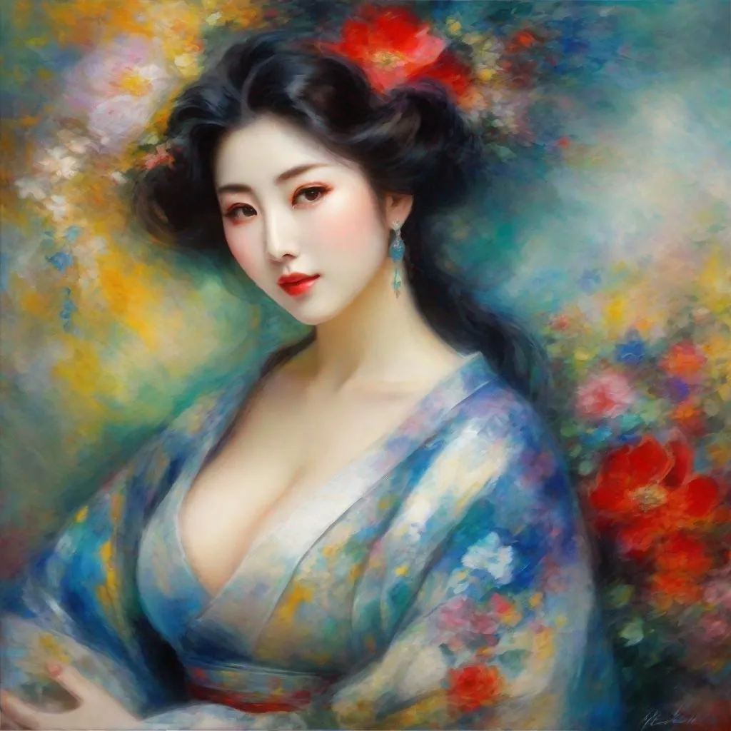 Prompt: My prompt> Masterpiece, japanese woman, big chest, f cup, uhd, realistic, 4k, 8k, photoshoot, extremely high definition, perfection, Marc Chagall type painting, scenic, portrait, insanity, breathtaking, iridescent, complex, impressive, remarkable, glorious, grandiose, sumptuous, luxurious, 