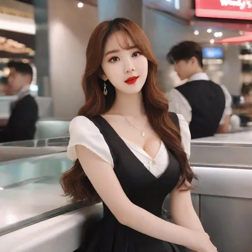 Prompt: Masterpiece, ulzzang,  ulzzang, slim thick, big chest, soft visuals, uhd, realistic, 4k, 8k,  photoshoot, extremely high definition, perfection, wendy's, wendy's ad, pretty woman at wendy's, F cup, wendy's server