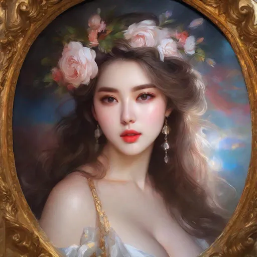 Prompt: My prompt> Masterpiece, realistic kpop idol, beautiful woman, big chest, f cup, uhd, realistic, 4k, 8k, photoshoot, extremely high definition, perfection, Élisabeth Vigée Le Brun
 type painting, scenic, portrait, insanity, breathtaking, iridescent, complex, impressive, remarkable, glorious, grandiose, sumptuous, luxurious, 