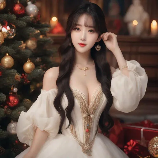 Prompt: Masterpiece, eunha,  ulzzang, slim thick, big chest, soft visuals, uhd, realistic, 4k, 8k,  photoshoot, extremely high definition, perfection, leonardo da vinci type painting, christmas outfit, milk, 
