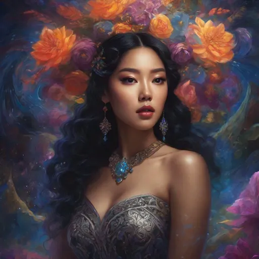 Prompt: cosmic horror, eldritch horror, HP Lovecraft, kpop, beautiful woman, black queen, korean queen, latina queen, kpop idol,  impressionism, naturalism, surrealism, portrait, realistic, uhd, 4k, 8k, autism,