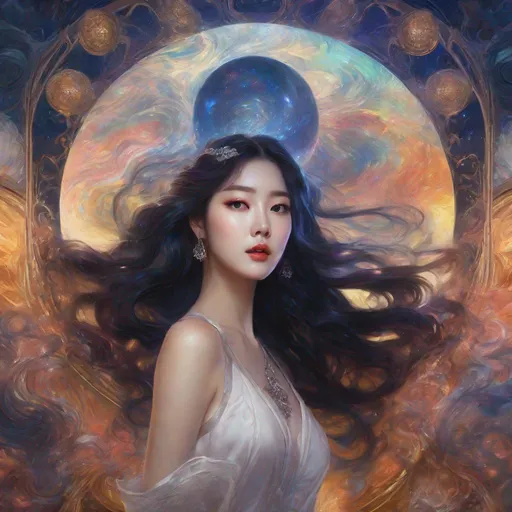 Prompt: cosmic horror, eldritch horror, HP Lovecraft, kpop, beautiful woman,  korean queen,  kpop idol,  impressionism, naturalism, surrealism, portrait, realistic, uhd, 4k, 8k, autism,