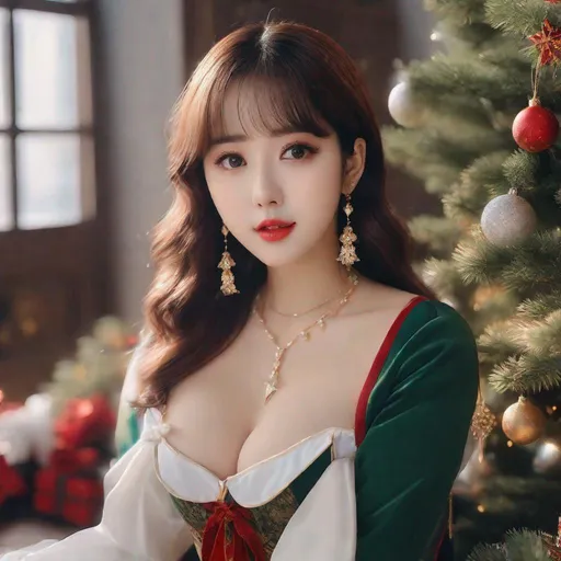 Prompt: Masterpiece, eunha,  ulzzang, slim thick, big chest, soft visuals, uhd, realistic, 4k, 8k,  photoshoot, extremely high definition, perfection, leonardo da vinci type painting, christmas outfit
